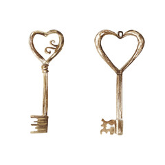 Hand painted Watercolor set retro style gold keys. Hand painted vintage illustration isolated on white background.