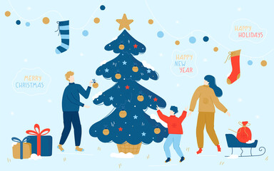 Happy family preparing for the holiday and decorate the Christmas tree. Vector flat design of people. Cozy cartoon holiday illustration. Happy New Year And Merry Christmas cards