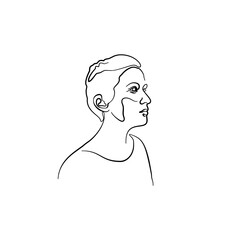 Single line drawing of a woman portrait Isolated on white background. Stock vector illustration.