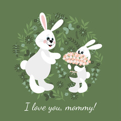 Little cute hare gives flowers to mom. Mothers Day.