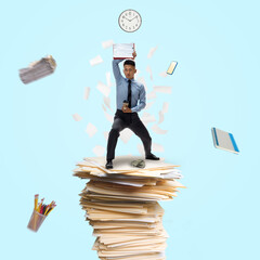 Office worker, businessman, sportsman fighting with deadlines standing on the bunch of documents on blue background. Modern business and finance, sport, time, creative artwork, contemporary design.