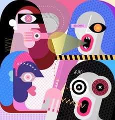 Gordijnen Moderne kunst vectorillustratie van vier mensen. Twee mensen spreken en twee mensen luisteren aandachtig naar hen. Grafisch kunstwerk. ©  danjazzia