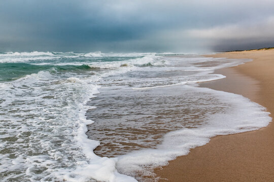 Waves breaking along the shoreline of a mist-covered coast