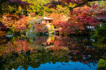 京都　醍醐寺　弁天池と弁天堂　紅葉