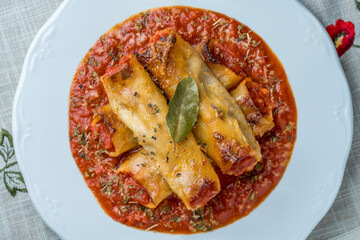 Homemade cannelloni with spices and tomato sauce