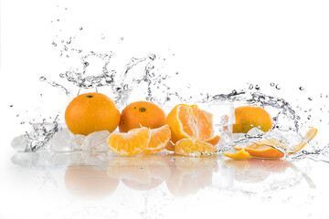 Fototapeta na wymiar tangerines on a white background, water splash, crushed ice, ice cubes
