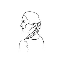 Single line drawing of a woman portrait side view. Isolated on white background. Vector illustration.