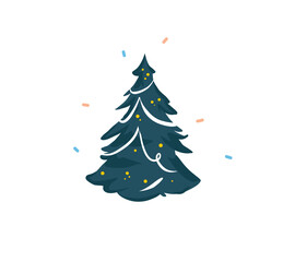 Hand drawn vector abstract fun stock flat Merry Christmas,and Happy New Year cartoon festive card with cute illustrations of home Xmas tree indoor isolated on white background