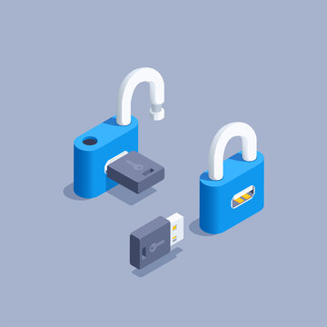 isometric vector illustration on gray background, blue padlock and usb key