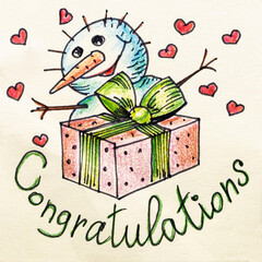 Snowman with a gift box, the inscription "Congratulations". Drawing with colored pencils.