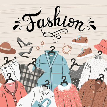 Colofrul background with women's clothes on hangers and accessories. Illustration on the theme of fashion, style, female wardrobe, design, shopping. Flat art for use in design
