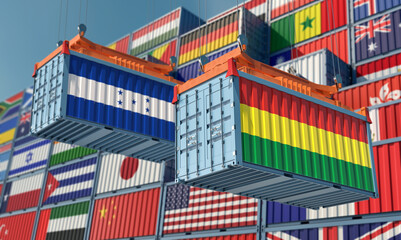 Freight containers with Honduras and Bolivia national flags. 3D Rendering 