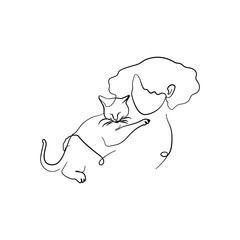 Single line drawing of a woman with a cat. Isolated on white background. Vector illustration.