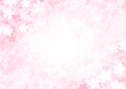 ピンク色の淡い桜の花が重なる背景イラスト