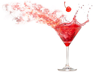 Swirls of smoke from a red cocktail in a martini cup. Cherry falling into a splashing and smoky drink isolated on white with space for text and images.