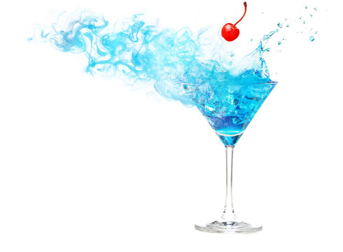 Red Cherry Falling Into A Smoky And Splashing Blue Cocktail Isolated On White With Space For Text And Images.