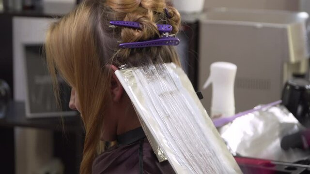 Hair dyeing. Young professional hairdresser applies hair dye to a female client. Close-up.