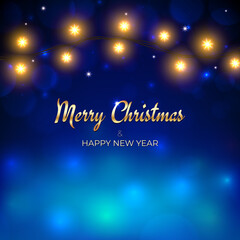 Fototapeta premium Merry Christmas and happy new year holiday greeting card. Golden christmas lights. Glowing xmas lights on blue background. Vector holiday xmas party banner design