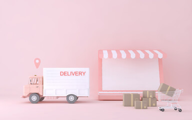3D Online express delivery service concept, fast response delivery by scooter, courier Pickup, Delivery, Online Shipping Services. 3d Rendering.	