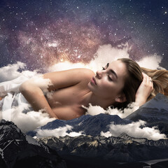 Beautiful young naked woman lying down in mountains, covered with clouds. Futuristic synthwave...