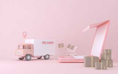 3D Online express delivery service concept, fast response delivery by scooter, courier Pickup, Delivery, Online Shipping Services. 3d Rendering.	