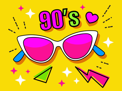 Neon retro cat's eye lens sunglasses collection 90s. Women's and men's accessory from 80s. Optics, lens, vintage, 
trend. Vector illustration. 
