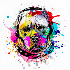 Acid bulldog's head in eyeglasses and headphones illustration on white background with colorful creative elements 