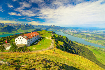 Panoramic views along trail around Rigi Kulm, the highest peak on Mount Rigi over 13 lakes and...