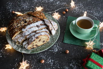 Bread with raisins and almond paste (Kerststol). Typical treat in Germany and The Netherlands with Christmas and Easter 
