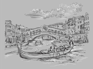 Venice hand drawing vector illustration Rialto Bridge gray