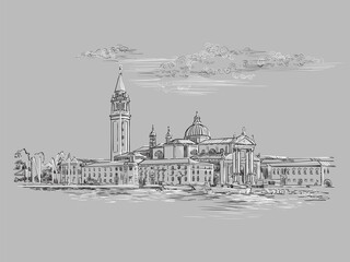 Venice hand drawing vector illustration panorama gray