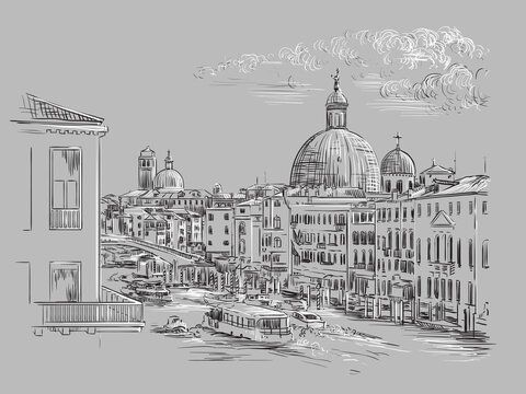 Venice hand drawing vector illustration Grand canal gray