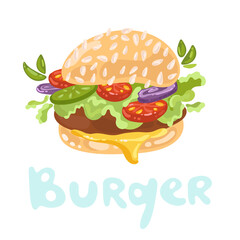 American Cheeseburger. Burger ingredients. Jumping burger ads. Fast food, junk food clipart. Elements for burgers restaurant menu design. Doodle image, kawaii style. American take away food.