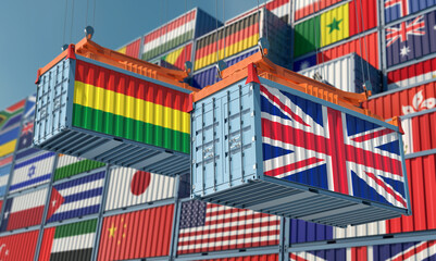 Freight containers with United Kingdom and Bolivia national flags. 3D Rendering 