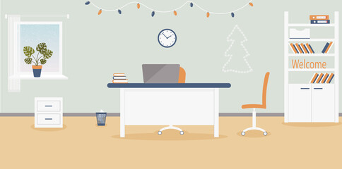 Christmas interior of working place in the office on the light blue background.Xmas atmosphere:garland of light bulbs, Christmas tree.Furniture: table, chair, cabinet with folders and books.Raster