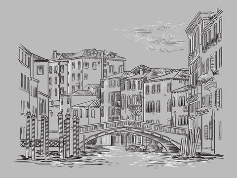 Venice drawing illustration bridge on canal gray