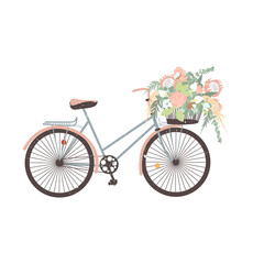 Fototapeta na wymiar Elegant hand drawn pastel boho wedding bicycle with a flowers bouquet in basket. Isolated on white background. Stock vector illustration.