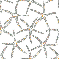 Seamless pattern in zen art style with seastars on white background