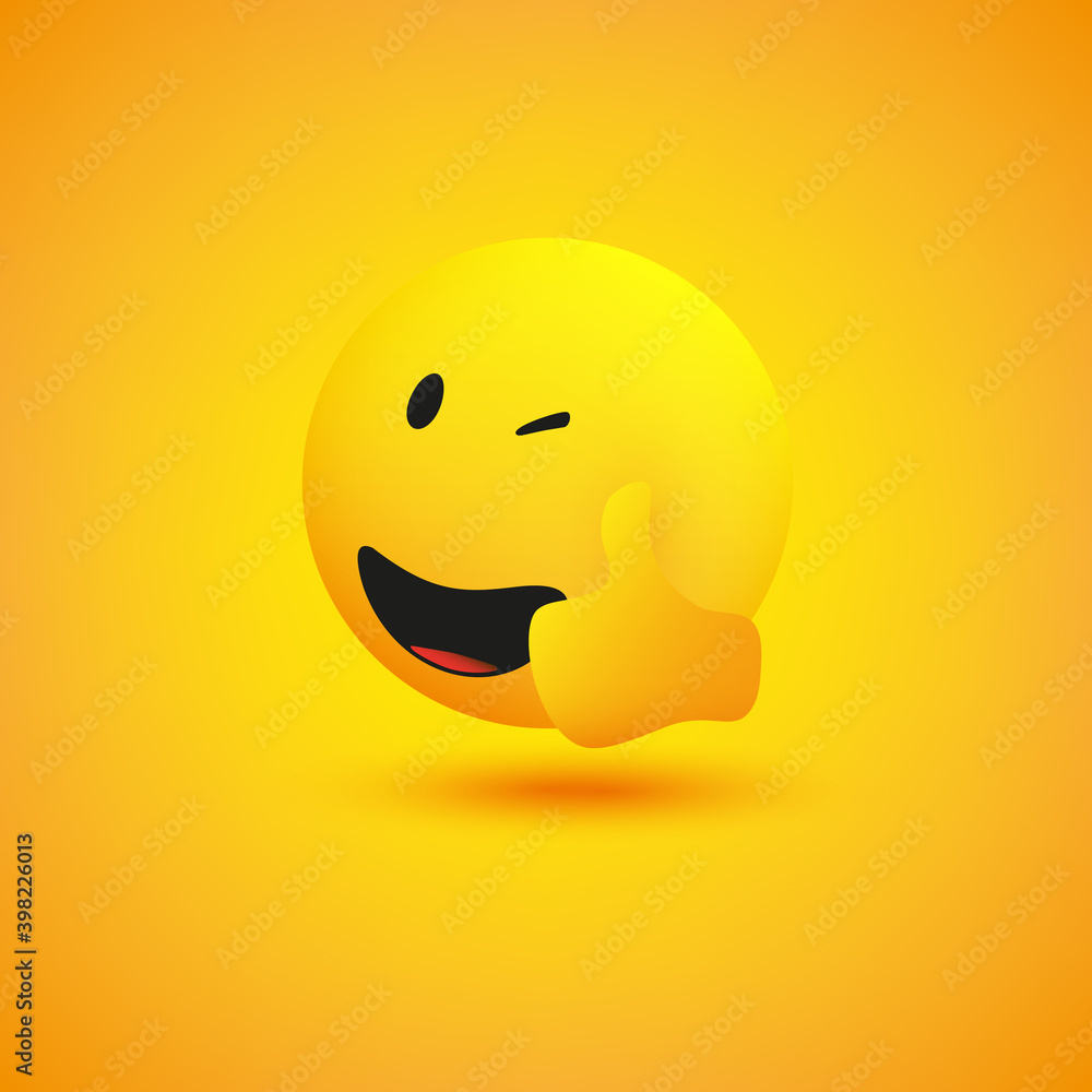 Poster smiling and winking emoji showing thumbs up - simple shiny happy emoticon on yellow background - vec