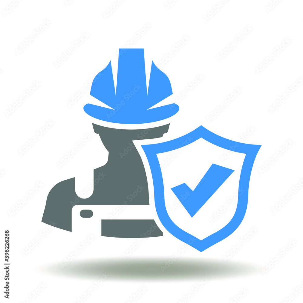 Poster worker in hard hat with shield and check mark icon vector. work safety first compliance symbol.