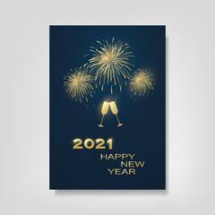 Dark Black and Golden New Year Card Background - Flyer Design with Fireworks - 2021