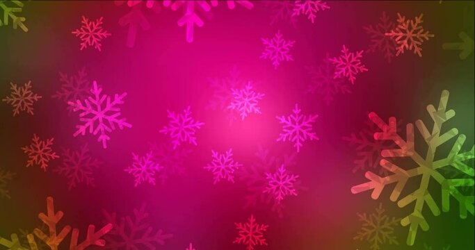 4K looping dark pink, green animated video in celebration style. Colorful fashion clip with gradient stars, snowflakes. Slideshow for mobile apps. 4096 x 2160, 30 fps.