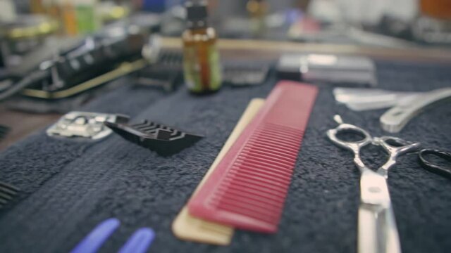 Hairdresser cutting and coloring tools. Close-up.