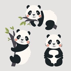 Set with cute Panda cubs isolated on a solid background. Vector illustration in a modern cartoon style, for printing on packaging paper, postcard, poster, banner, clothing. Cute children's background.