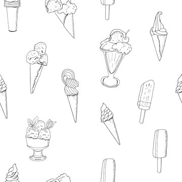 Ice cream seamless pattern on white. Vector illustration.