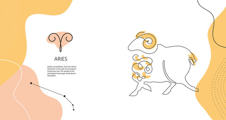 Zodiac background. Aries constellation. Horizontal banner. One line.