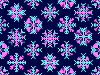 Snowflakes seamless pattern, blue and pink colors. Merry Christmas and Happy New Year background with falling snow. Flat style. Vector illustration