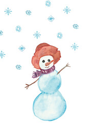 Watercolor hand painted nature winter holiday composition with funny snowman in a red hat and skarf with blue snowflakes isolated on the white background for christmas and new year card