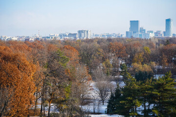 Bucharest, aerial view of the Arc de Triomphe, autumn landscape, autumn city, day photography, autumn colors