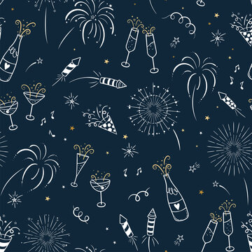 Lovely hand drawn party seamless pattern, great for New Year's Eve, banner, textiles, banner, wallpaper, wrapping - vector design